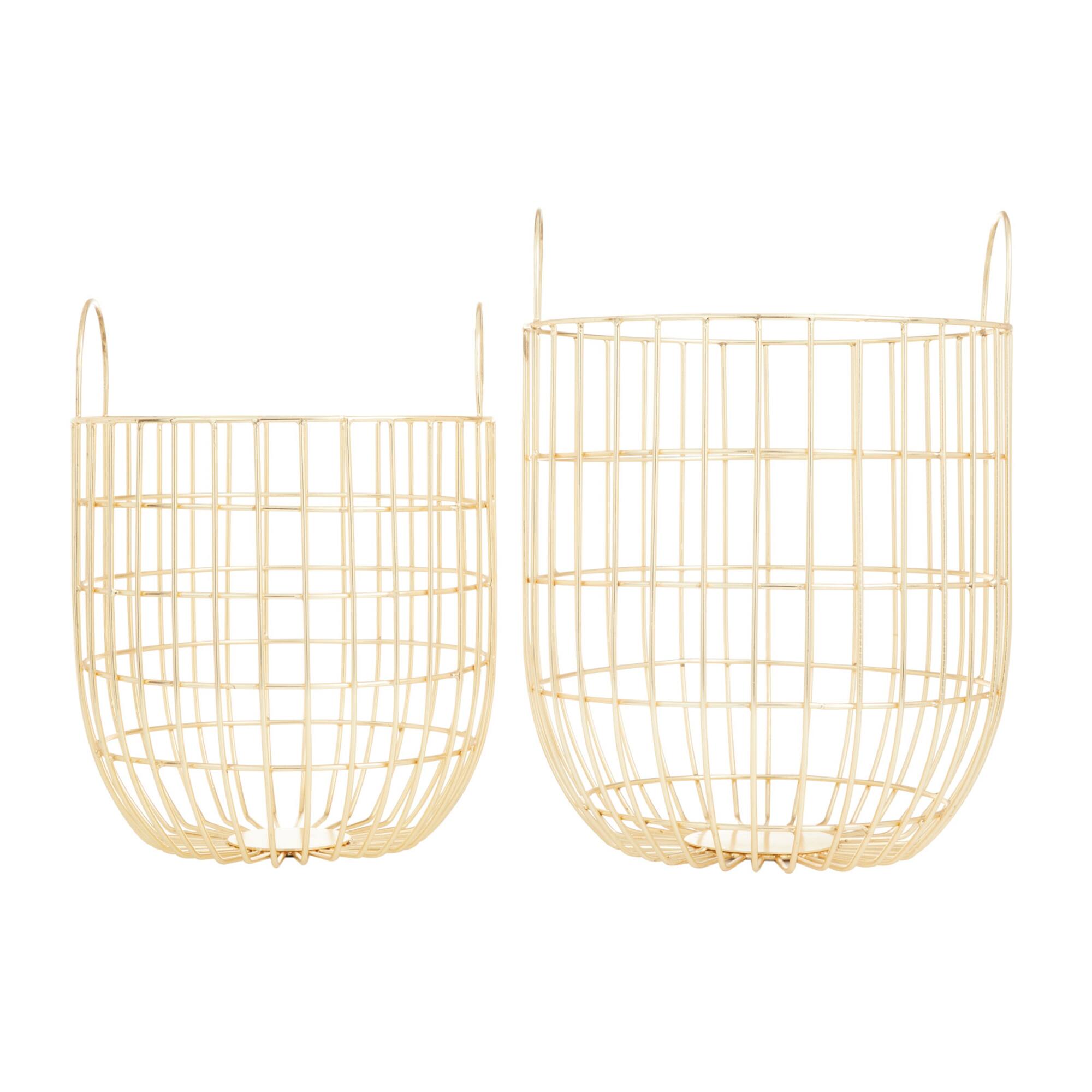 Set of 2 Gold Iron Contemporary Storage Baskets, 17" x 11" x 11"